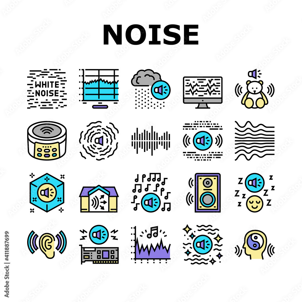 Poster white noise hearing collection icons set vector. speaker dynamic and audio card, relaxation and musi