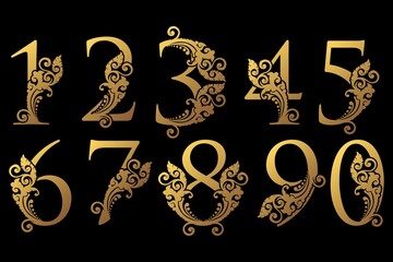 Golden Set Number Ornate Decoration Elegant Swirl Ornament Luxury Style Vector Design