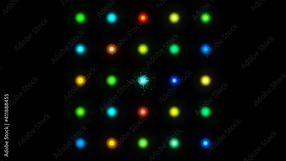 Poster isolated black background. abstract mesh of multicolored blinking balls. side view. beautiful festiv