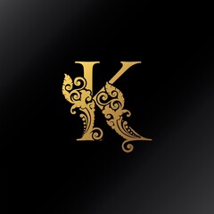 Golden K Letter Logo Ornate Decoration Elegant Swirl Ornament Luxury Style Vector Design