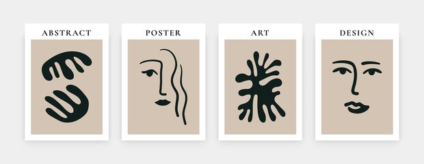 Contemporary art print set. Abstract posters Matisse inspired faces shapes for decoration. Vector illustration