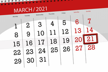 Calendar planner for the month march 2021, deadline day, 21, sunday.