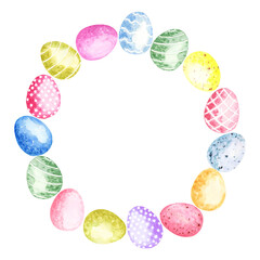 Easter frame with colorful decorated easter eggs. Hand-painted watercolor illustration
