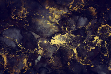 art photography of abstract fluid art painting with alcohol ink, black and gold colors