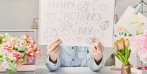 Greeting card Mother's Day. Children's drawing postcard. Gift for mom. Child boy draws picture
