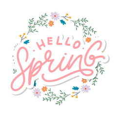 Fototapeta na wymiar Hello Spring Flowers Text Background Frame lettering slogan