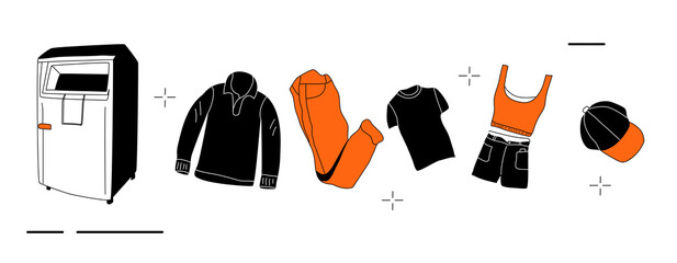 Clothes donation with special charity container.Swapping,changing.Doodle style garment elements.Contribution in Eco lifestyle,recycling.Giving wardrobe second life.Flea Market.Orange and black