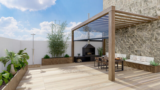 3D illustration of urban patio with wooden teak flooring.
