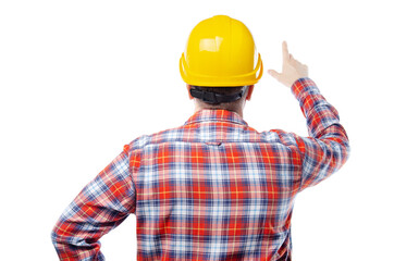Back view at worker in yellow hard hat and checkered shirt pointing his finger up isolated on white...