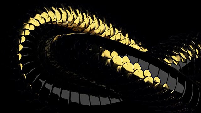 Gold and black abstract background. Loop animation background of dragon or snake scales.
