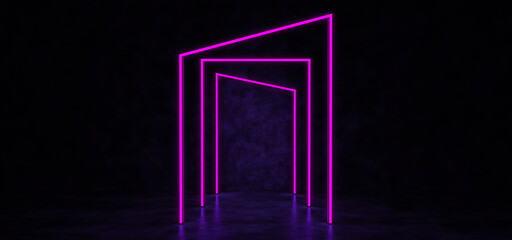 Glowing neon lines of different shapes form a corridor. Abstract glowing lines in dark space. 3D Render.