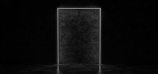 A glowing portal in a dark space. A glowing abstract rectangle of white color. 3D render.