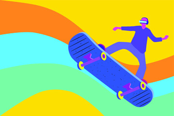 Low angle view man wear vr glasses and play skateboard game , futuristic game concept , illustration picture. © athitat