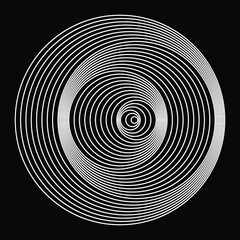 Abstract white concentric circles. Vector illustration. Design element for technology round logo, striped border frame, blackout tattoo, prints, monochrome pattern and abstract background