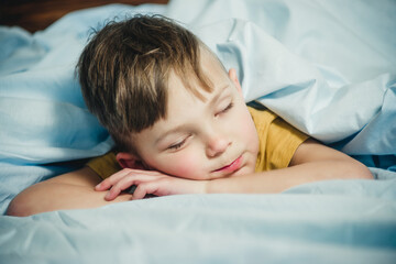 boy sleeping in bed on blue linens