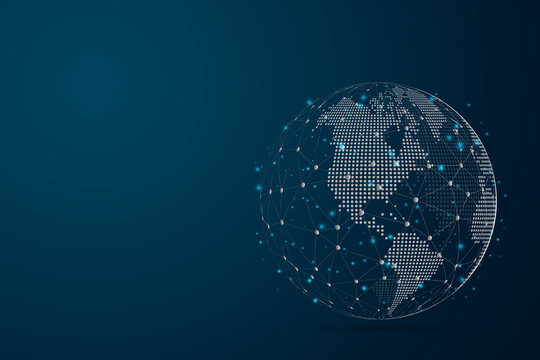 Abstract mash line and point scales on dark background with Map World representing the global . Wire frame 3D mesh polygonal network line, design sphere, dot and structure. Vector illustration eps 10.
