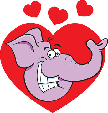 Cartoon illustration of an smiling elephant head with hearts in the background.