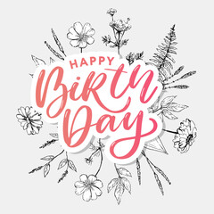 Obraz premium Beautiful happy birthday greeting card with flowers and bird. Vector party invitation with floral elements.