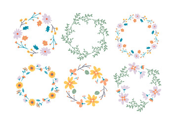 Floral Frame Collection. Set of cute retro flowers arranged un a shape of the wreath perfect for wedding invitations and birthday cards