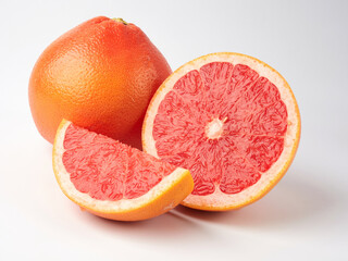 Fresh grapefruits and a glass of grapefruit juice on a white wooden background with a copy space. Close-up.