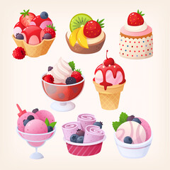 A set of colourful berry desserts images. Cupcakes, ice creams and jello with blueberry, strawberry, raspberry and cherry desserts. Isolated vector illustrations.