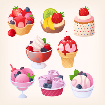 A set of colourful berry desserts images. Cupcakes, ice creams and jello with blueberry, strawberry, raspberry and cherry desserts. Isolated vector illustrations.