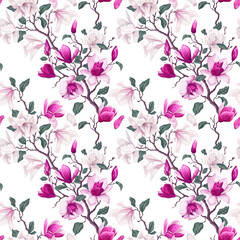 Seamless pattern with realistic spring flowers of white and pink magnolias. Highly detailed vector flowers on white background, branches, leaves, petals in delicate ornament for your designs