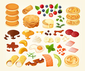 Elements to create your own pancakes breakfast. Stack of pancakes, chocolate and caramel toppings and additional foods and fruits. Isolated vector images