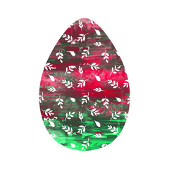 Red and green watercolor easter egg isolated on a white background. Abstract floral egg clipart for your design. Decorative Christian holiday object. Bright greeting card.