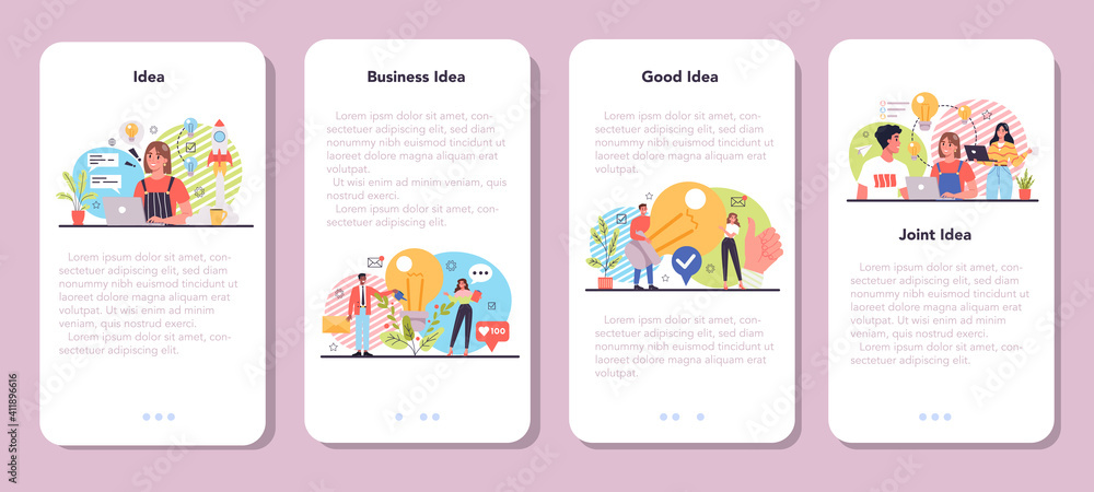 Poster idea mobile application banner set. creative innovation and brainstorm.