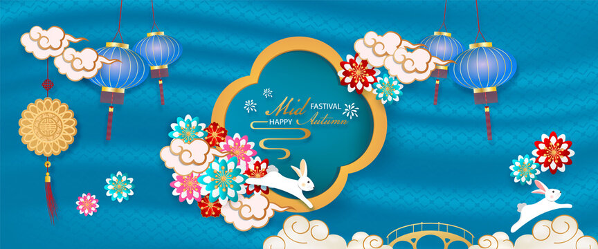 Banner The Rabbit greeting happy Chinese Mid-Autumn Festival with folwer and moon-cake.