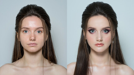 close-up portrait of a girl before and after applying evening makeup