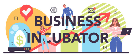 Business incubator typographic header. Business people and investors supporting - obrazy, fototapety, plakaty