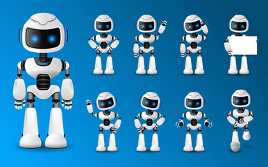 Set of various futuristic robots activity. Artificial inteligence and cyborg. Isolated vector illustration in realistic style