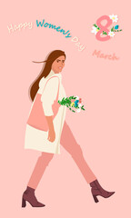 Greeting card. Happy Women's Day  International Women's Day  Vector illustration Woman with a bouquet of flowers Pink background lettering Happy Women's Day Bright bouquet of flowers Woman walking