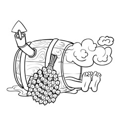 sketch caricatures, a man steams inside a barrel near a stot birch broom, isolated object on a white background vector illustration,