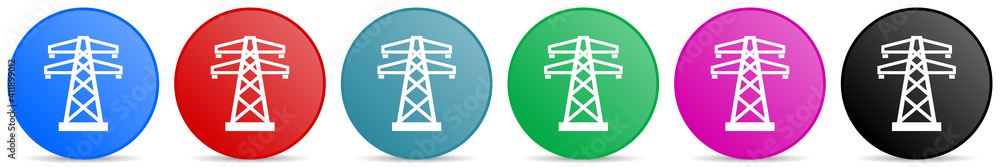 Fototapete Power, energy tower vector icons, set of circle gradient buttons in 6 colors options for webdesign and mobile applications