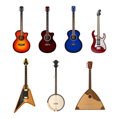 Musical instruments icons photo realistic vector set. Set of different bright realistic guitars. Retro acoustic guitar, electric rock guitar.
