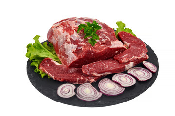 Fresh raw meat with lettuce isolated on white background