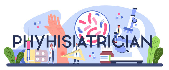 Phthisiatrician typographic header. Doctor standing at big lungs and checking