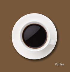 Aromatic black coffee in a white cup and saucer on a brown background. A concept photo for a poster
