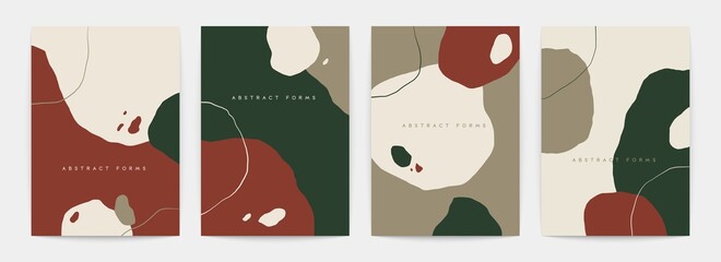 Abstract contemporary poster set. Modern hand drawn doodle shapes, minimalist mid century backgrounds. Vector art prints