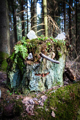 inhabitant of the forest. stump with a face. face made of natural materials