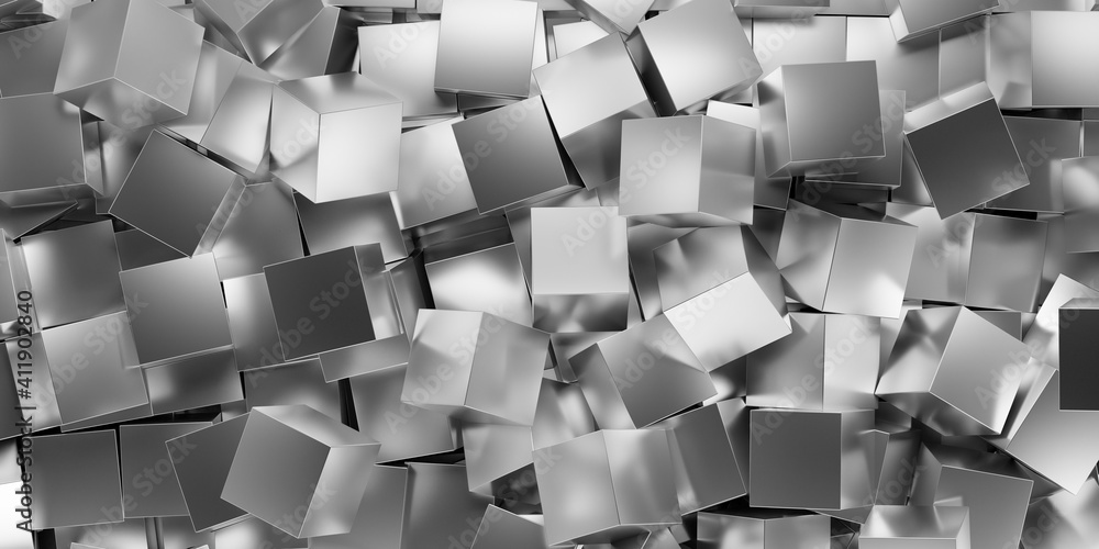 Poster abstract modern background from shiny silver cubes heap, flat lay top view from above