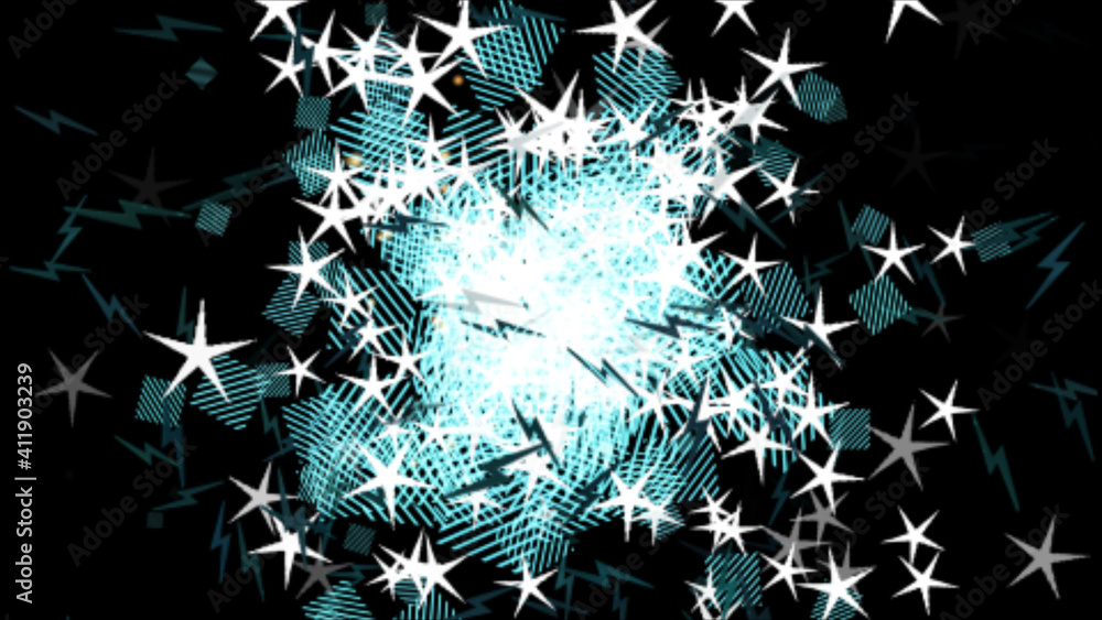 Poster abstract radiation of stars against the background of flying striped rectangles in outer space. clos