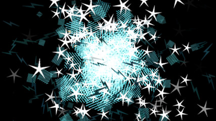 Abstract radiation of stars against the background of flying striped rectangles in outer space. Close-up. View from above. 3d illustration. Isolated black background.