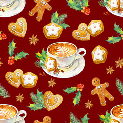 Christmas seamless watercolor pattern. Tasty set of Christmas drink and sweets. Watercolor illustration of coffee, hot chocolate, Christmas cookies, holly and gingerbread. Watercolor christmas pattern