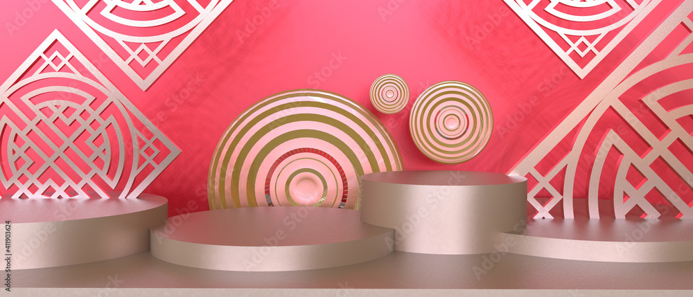 Aufkleber happy chinese new year background paper cut style and and podium for product display with gold chine
