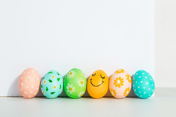Decorated Easter eggs on a white background. Concept, copy space.