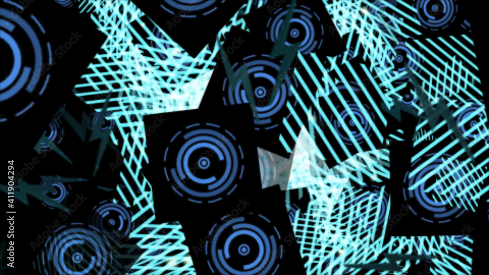 Poster close-up of the abstract movement of black squares with drawn circles on a background of green lines